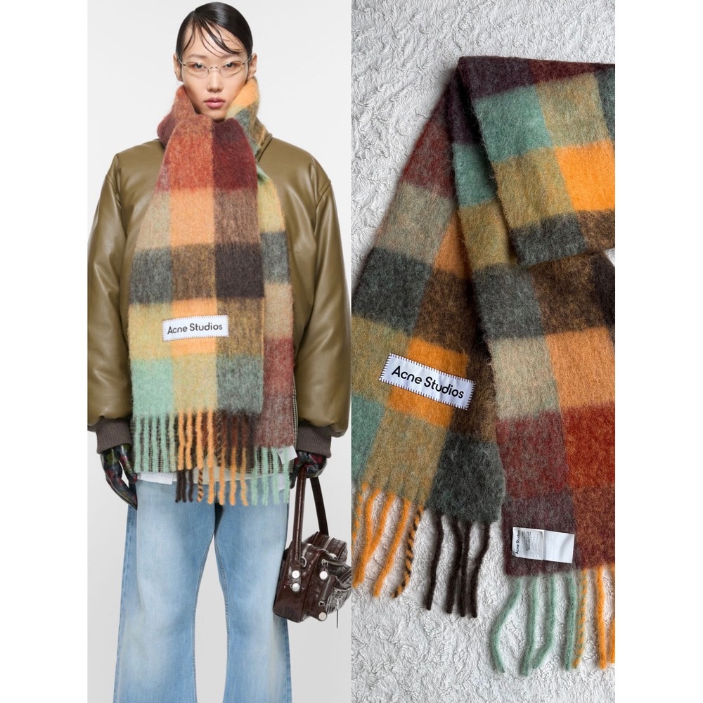 Acne Studios Vally Multi Check Scarf Alpaca Wool Mohair Chestnut Plaid CA0084